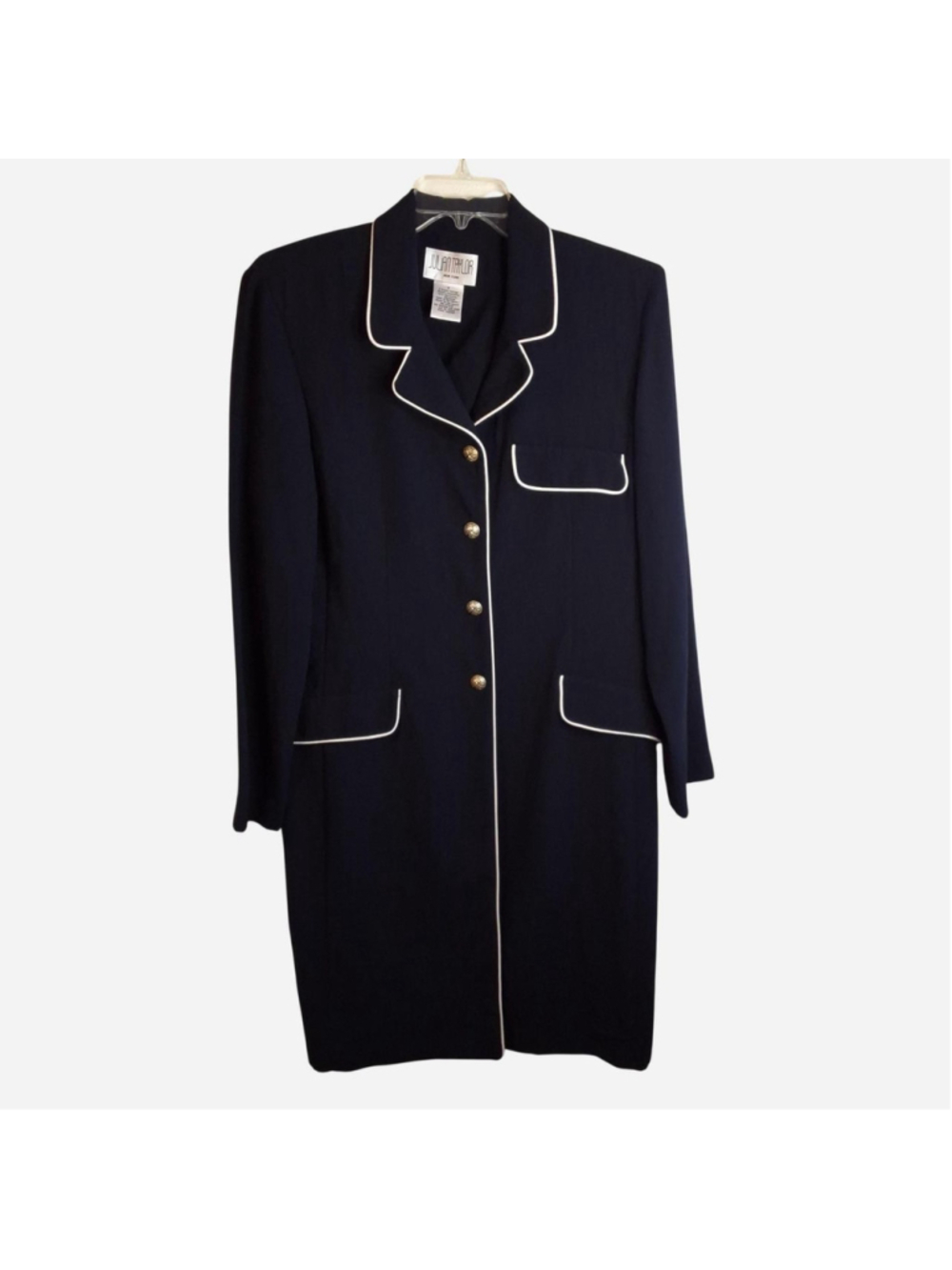 Vintage Julian Taylor Long Jacket Size 16 Black White Piping Gold Buttons